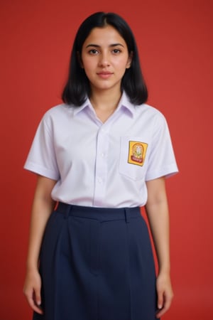 smp_uniform, A medium full shot of realistic Emira3, a woman wearing white collared button-down shirt adorned with a smp_logo on the right pocket of the shirt. The woman is wearing a dark blue skirt. The background is a red. focus on outfit. model pose, model photoshoot,