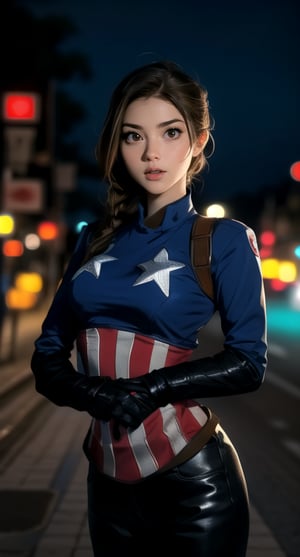 centered, upper body, masterpiece, | female captain america, standing, looking at viewer, | city, urban, street, city lights, | night, bokeh, depth of field, gheayoubi