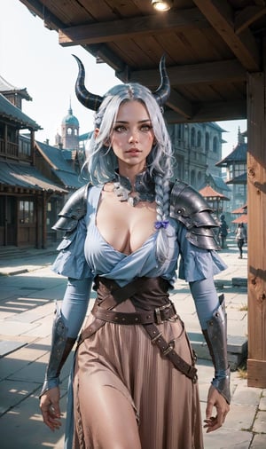1girl, beautiful shedrn, horns, medium breast, armored dress, cleavage, glowing yellow eyes, white hair, braid, grey skin, facial mark, fantasy town outdoors, athletic, volumetric lighting, best quality, masterpiece, realistic,dinda
