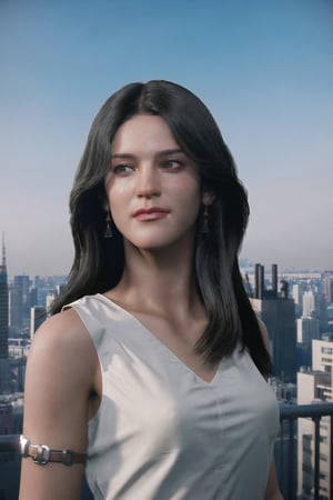 unreal engine render, Ray Tracing, ultra quality, 1girl, photorealistic background, upperbody, realtime positional lighting, big city, realtime rendering, attractive face, Unreal Engine Render:0.6,mandha