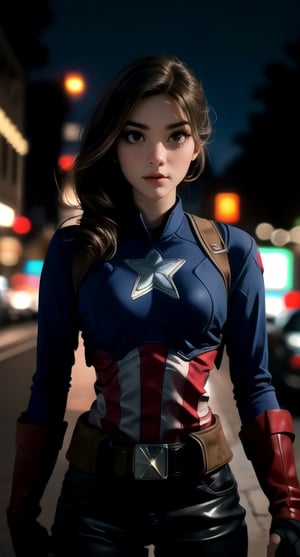 centered, upper body, masterpiece, | female captain america, standing, looking at viewer, | city, urban, street, city lights, | night, bokeh, depth of field, gheayoubi