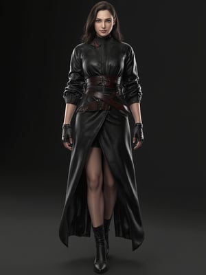 tk8_style, gal gadot, a 3D rendering of a female character. slave outfit. fullbody.  slave pose. The background is a solid black, creating a stark contrast to the woman's outfit.,