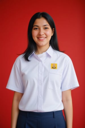 smp_uniform, A medium full shot of realistic Emira3, a woman wearing white collared button-down shirt adorned with a smp_logo on the right pocket of the shirt. The woman is wearing a dark blue skirt. The background is a red. focus on outfit. model pose, model photoshoot,