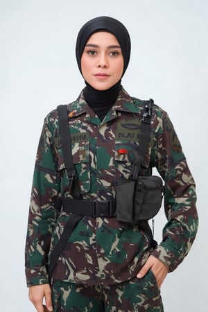 lest1kej0ra , a black hijab woman stand in the stark white backdrop wearing TNI uniform, adorned with a patch that reads "LESTI" at the left chest and "TNI AD" at the right chest. black warbelt with pouch,