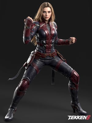 tk8_style, Elizabeth Olsen, a 3D rendering of a female character. wearing scarlet witch marvel outfit. fullbody.  fight pose. The background is a solid black, creating a stark contrast to the woman's outfit. The word "TEKKEN8" is written in the lower right corner of the image.