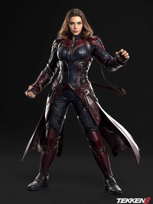 tk8_style, Elizabeth Olsen, a 3D rendering of a female character. wearing scarlet witch marvel outfit. fullbody.  fight pose. The background is a solid black, creating a stark contrast to the woman's outfit. The word "TEKKEN8" is written in the lower right corner of the image.