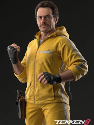 tk8_style, TOK man, a 3D rendering of a male character. Walter White with wire framed glasses and a mustache wearing yellow  Hazmat Costume. fullbody.  fight pose. The background is a solid black, creating a stark contrast to the woman's outfit. The word "TEKKEN8" is written in the lower right corner of the image.