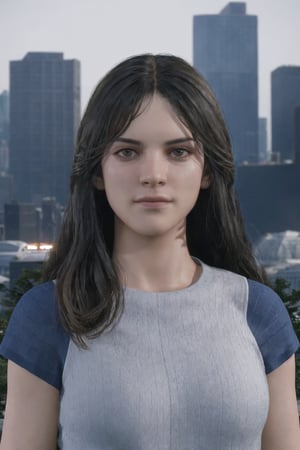 unreal engine render, Ray Tracing, ultra quality, 1girl, photorealistic background, upperbody, realtime positional lighting, big city, realtime rendering, attractive face, Unreal Engine Render:0.6,alessa
