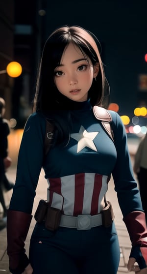 centered, upper body, masterpiece, | female captain america, standing, looking at viewer, | city, urban, street, city lights, | night, bokeh, depth of field, gheayoubi