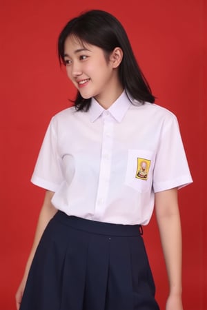 smp_uniform, A medium full shot of realistic eli3, a woman wearing white collared button-down shirt adorned with a smp_logo on the right pocket of the shirt. The woman is wearing a dark blue skirt. The background is a red. focus on outfit.,