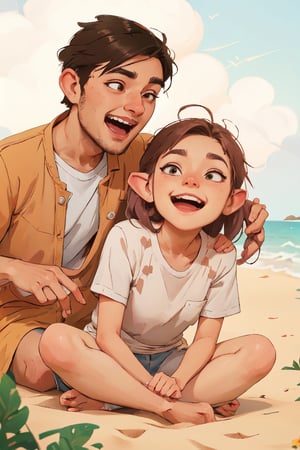 illustration of a dad(putra) an his girlfriend(eva elfie) playing on the beach, laughing, open eyes, look each other, art by Atey Ghailan,masterpiece, perfect anatomy,perfect detailed face, detailed symmetric hazel eyes with circular iris,Detailed face,