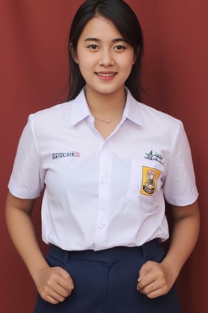 smp_uniform, A medium full shot of realistic hild4, a woman wearing white collared button-down shirt adorned with a smp_logo on the right pocket of the shirt. The woman is wearing a dark blue skirt. The background is a red. focus on outfit.