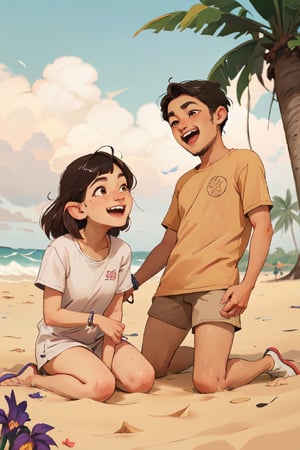 illustration of a dad(putra) an his girlfriend(eva elfie) playing on the beach, laughing, open eyes, look each other, art by Atey Ghailan,masterpiece, perfect anatomy,perfect detailed face, detailed symmetric hazel eyes with circular iris,Detailed face,