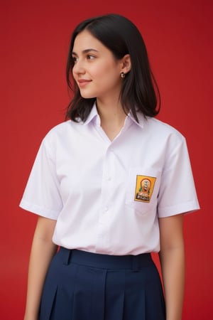 smp_uniform, A medium full shot of realistic Claire, a woman wearing white collared button-down shirt adorned with a smp_logo on the right pocket of the shirt. The woman is wearing a dark blue skirt. The background is a red. focus on outfit.