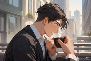 Score_9, Score_8_up, Score_7_up, Score_6_up, Score_5_up, Score_4_up,

1boy (black hair), a very handsome man, wearing a black suit,day, sunrice, city, modern city, the boy's coffee falls on the boy's shirt, surprised faces,  ciel_phantomhive,jaeggernawt,perfect finger,more detail XL