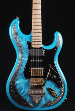 (detailed background:1.2), (masterpiece:1.2), (ultra detailed), (best quality), (Generate an image of a electric guitar), Bc warlock style, portrait, aurora lighting, whammy bar, diamond encrusted body, diamond neck, engraved, leather belt,