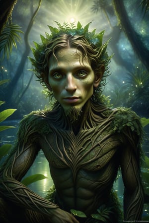 ((realistic)), (detailed face:1.2), (detailed eyes:1.2) (best textures), (detailed background:1.2), (masterpiece:1.2), (ultra detailed), (best quality), (Image of a tree man), portriat, in a jungle, pond, green hue, on one knee, magical & enchanting, light fairies, night sky, luminescence, soaked, luminated water,