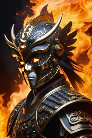 (detailed eyes:1.2), (detailed background:1.2),(masterpiece:1.2), (ultra detailed), (best quality), (Generate an image of a fire shogun), pearl white armor, power stone, gold trim, mask, eyes burning with fire, full body image, smokey, ,