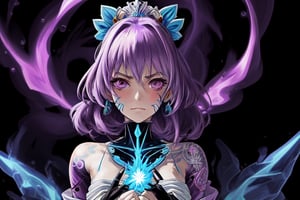 Design an anime goddes with purple electric power with a Japanese era ,YakuzaTattoo