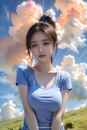 1girl, solo, breasts, looking at viewer, smile, large breasts, brown hair, shirt, brown eyes, standing, closed mouth, white shirt, ponytail, short sleeves, outdoors, sky, day, cloud, blue sky, lips, cloudy sky, grass, t-shirt