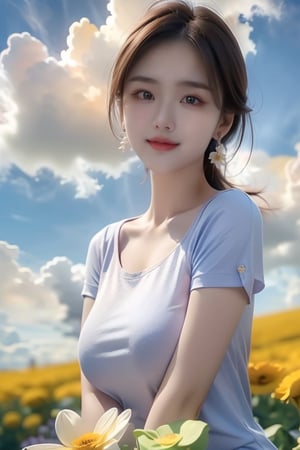 1girl, solo, breasts, looking at viewer, smile, brown hair, shirt, brown eyes, jewelry, white shirt, upper body, flower, short sleeves, earrings, outdoors, sky, day, cloud, blue sky, cloudy sky