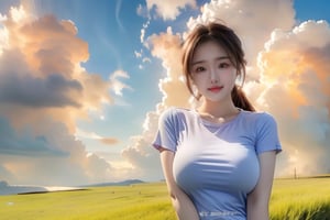 1girl, solo, breasts, looking at viewer, smile, large breasts, brown hair, shirt, brown eyes, standing, closed mouth, white shirt, ponytail, short sleeves, outdoors, sky, day, cloud, blue sky, lips, cloudy sky, grass, t-shirt