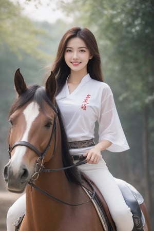 1 woman, on a horse, chinese_clothes, tulle t-shirt, long riding breeches , 18 years old,  beautiful face, huge breasts, long straight hair,  smile, looking at the viewer,  (photorealistic, raw photo)