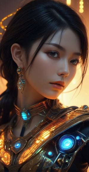 ((cowboy shot)),Macro photo showcasing  a futuristic, humanoid figure's face, adorned with intricate jewelry and electronic interfaces. Her gaze is intense, and her skin glows with a mix of natural and neon hues. The detailed view reveals cascading digital rain and illuminated lines, enhancing the cybernetic ambiance. in wide ratio,, smile, (oil shiny skin:1.3), (huge_boobs:2.6), willowy, chiseled, (hunky:2.0), body turn -46 degree, (perfect anatomy, prefecthand, dress, long fingers, 4 fingers, 1 thumb), 9 head body lenth, dynamic sexy pose, breast apart, ((full body:1.2)), (artistic pose of a woman),chrometech,surface imperfections,DonMM4ch1n3W0rldXL ,circuitboard,dark futuristic