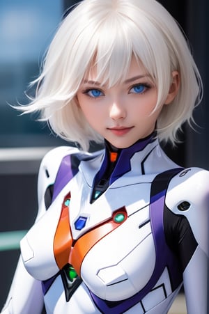 A sexy woman,photo r3al,detailmaster2,fully clothed,full body:2,More Detail, Detailedface, Detailedeyes, ((1 girl, adorable, happy)), ((white evangelion body suit, full body suit)), (white hair, short hair, blue eyes, makeup), (large breasts, voloptuous),