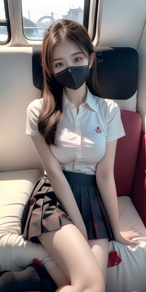 1girl, solo, long hair, breasts, looking at viewer, skirt, brown hair, shirt, sitting, school uniform, white shirt, short sleeves, pleated skirt, shoes, socks, collared shirt, black eyes, plaid, mask, plaid skirt, white socks, mouth mask, train interior
