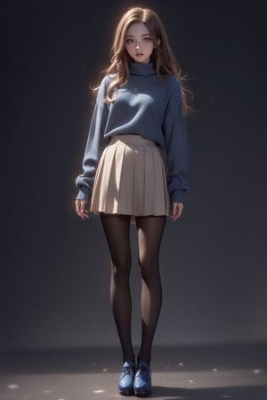 1girl, solo, long hair, looking at viewer, skirt, simple background, brown hair, shirt, long sleeves, brown eyes, standing, full body, pantyhose, pleated skirt, shoes, black skirt, grey background, black footwear, sweater, lips, sleeves past wrists, black pantyhose, blue shirt, blue sweater