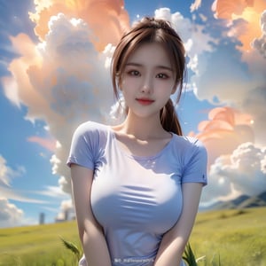 1girl, solo, breasts, looking at viewer, smile, large breasts, brown hair, shirt, brown eyes, standing, closed mouth, white shirt, ponytail, short sleeves, outdoors, sky, day, cloud, blue sky, lips, cloudy sky, grass, t-shirt