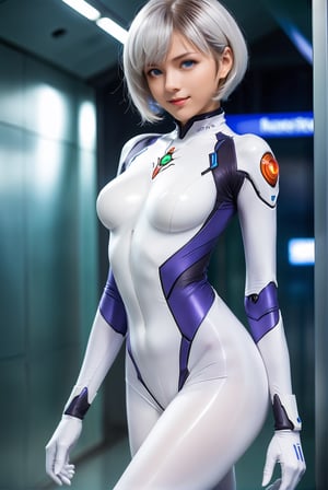 A sexy woman,photo r3al,detailmaster2,fully_clothed,full_body:2,More Detail, Detailedface, Detailedeyes, ((1 girl, adorable, happy)), ((white evangelion body suit, full body suit)), (white hair, short hair, blue eyes, makeup), (large breasts, large ass, voloptuous),
