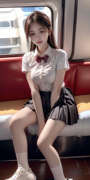 1girl, solo, long hair, breasts, looking at viewer, skirt, brown hair, shirt, sitting, school uniform, white shirt, short sleeves, pleated skirt, shoes, socks, collared shirt, black eyes, plaid, plaid skirt, white socks, train interior
