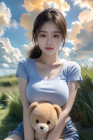 1girl, solo, breasts, looking at viewer, smile, large breasts, brown hair, shirt, brown eyes, sitting, closed mouth, white shirt, ponytail, short sleeves, outdoors, sky, day, cloud, blue sky, lips, watermark, stuffed toy, stuffed animal, cloudy sky, grass, t-shirt, teddy bear, holding stuffed toy