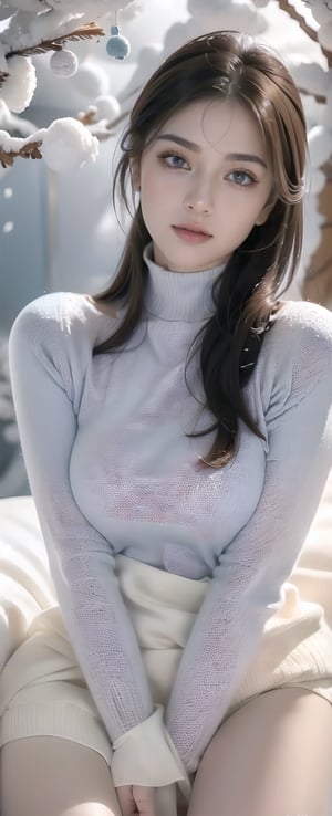 An attractive woman with piercing blue eyes and luscious brown hair wearing a warm sweater and sleek turtleneck sits quietly against a pastel winter background. Her upper body is carefully rendered to accentuate the soft appeal of her slightly parted lips and subtle freckles. Her hair is slightly messy, she exudes a relaxed elegance, and her smooth and sexy white legs add a warm glow to this comfortable winter day.,1 girl,Breasts 
