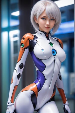 A sexy woman,photo r3al,detailmaster2,fully clothed,full body:2,More Detail, Detailedface, Detailedeyes, ((1 girl, adorable, happy)), ((white evangelion body suit, full body suit)), (white hair, short hair, blue eyes, makeup), (large breasts, voloptuous),
