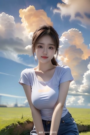 1girl, solo, breasts, looking at viewer, smile, large breasts, brown hair, shirt, brown eyes, sitting, closed mouth, white shirt, ponytail, short sleeves, outdoors, sky, day, cloud, blue sky, lips, watermark, cloudy sky, grass, t-shirt, holding arm