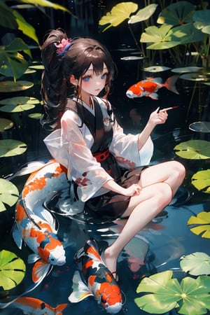 1girl,koi,fish around