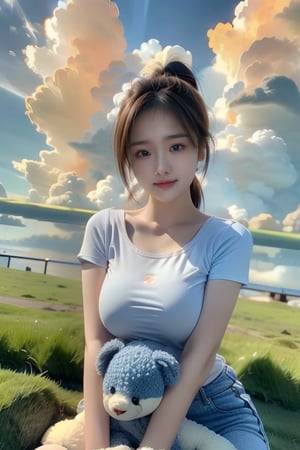 1girl, solo, breasts, looking at viewer, smile, large breasts, brown hair, shirt, brown eyes, sitting, closed mouth, white shirt, ponytail, short sleeves, outdoors, sky, day, cloud, blue sky, lips, watermark, stuffed toy, stuffed animal, cloudy sky, grass, t-shirt, holding stuffed toy