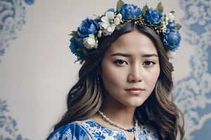 Upple portrait of a woman in a Delft's blue dress and a flower crown, young beautiful hippie girl, intrincate clothing, gemma chen, singer, wearing festive clothing, shipibo, white woman, 1 4. modern attire, mid length portrait photograph, a beautiful teen-aged girl