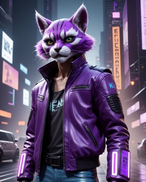 cyberpunker is a sci - fi horror game with a futuristic look, tabaxi male, incredible movie poster, purple leather jacket, street of new york, inspired by Mandy Jurgens, anthropomorphic furry art, anamorphic cinematography, 7 feet tall, epic 1986 cinematic still, kda, by Christen Købke
