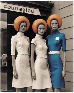 Beautiful models wearing "The moon girl" clothes collection by Courrèges soft focus photography, UHD, high resolution, architectural street dynamic ,rich, vivid contrast, depth of field, black tones, crisp, shot on 100mm, f/ 2. O, natural lighting, realistic, impressive, 8k, Photography By Guy Bourdin