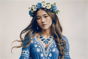 Upple portrait of a woman in a Delft's blue dress and a flower crown, young beautiful hippie girl, intrincate clothing, gemma chen, singer, wearing festive clothing, shipibo, white woman, 1 4. modern attire, mid length portrait photograph, a beautiful teen-aged girl