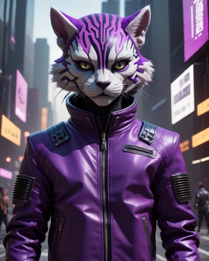 cyberpunker is a sci - fi horror game with a futuristic look, tabaxi male, incredible movie poster, purple leather jacket, street of new york, inspired by Mandy Jurgens, anthropomorphic furry art, anamorphic cinematography, 7 feet tall, epic 1986 cinematic still, kda, by Christen Købke