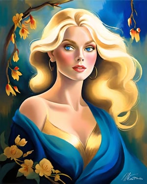 In a mesmerizingly enchanting painting, a stunning blond woman commands attention with her captivating beauty, exuding an irresistible and radiant charm that effortlessly captures every gaze. Her sparkling blue eyes and flawless complexion complement her flowing golden locks, enhancing her ethereal allure. The image, a masterpiece of fine art, portrays her with meticulous brushstrokes and vibrant colors, showcasing the artist's exceptional talent and attention to detail. This high-quality painting encapsulates the woman's captivating presence, leaving viewers bewitched by her charismatic aura and timeless elegance