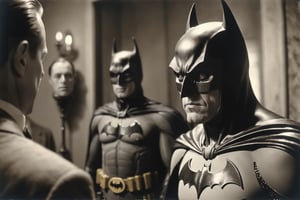 film still of [batman.fantasy], looking in the mirror, 70mm film, tritone color grading, deep focus, set in 1934