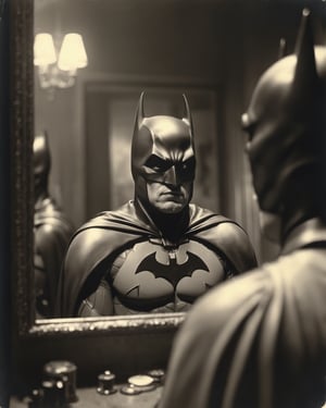 film still of [batman.fantasy], looking in the mirror, 70mm film, tritone color grading, deep focus, set in 1934