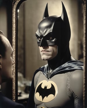 film still of [batman.fantasy], looking in the mirror, 70mm film, tritone color grading, deep focus, set in 1934