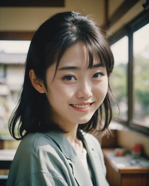 Portrait of happy japanese girl hyperrealistic surrealism Technicolor 8k  photorealistic photography Nikon on film Kodak Tri-X Pan 800 iso drawn in Style of Enki tBilal,LinkGirl,photo r3al